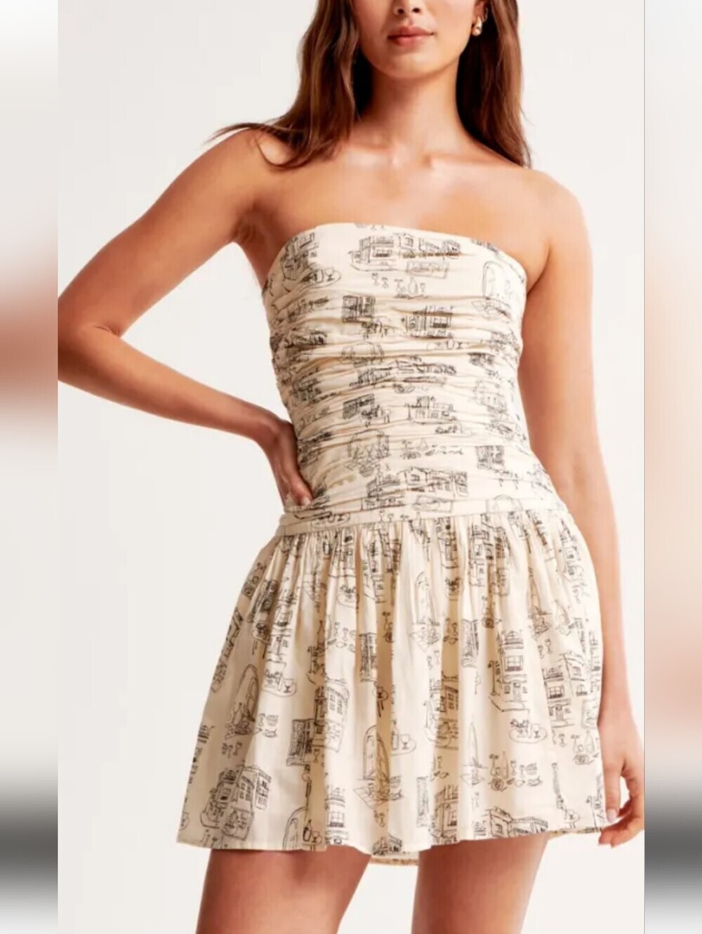 NWOT Abercrombie & Fitch Cream Strapless Ruched Sketch-Print Mini Dress